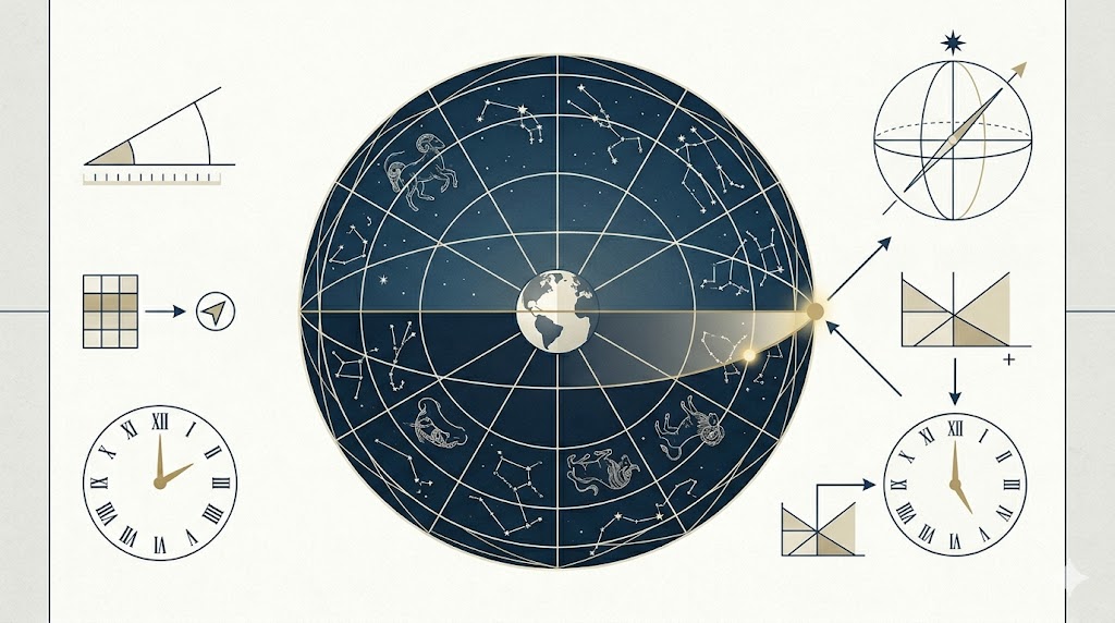 Illustrazione del rapporto tra orizzonte orientale, posizione del cielo e punto zodiacale da cui si ricava l'ascendente